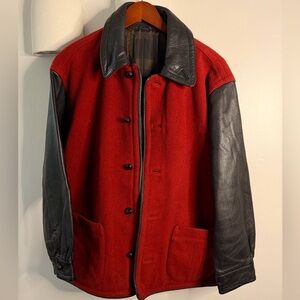 Men's Red Wool Jacket with Black Leather Sleeves
